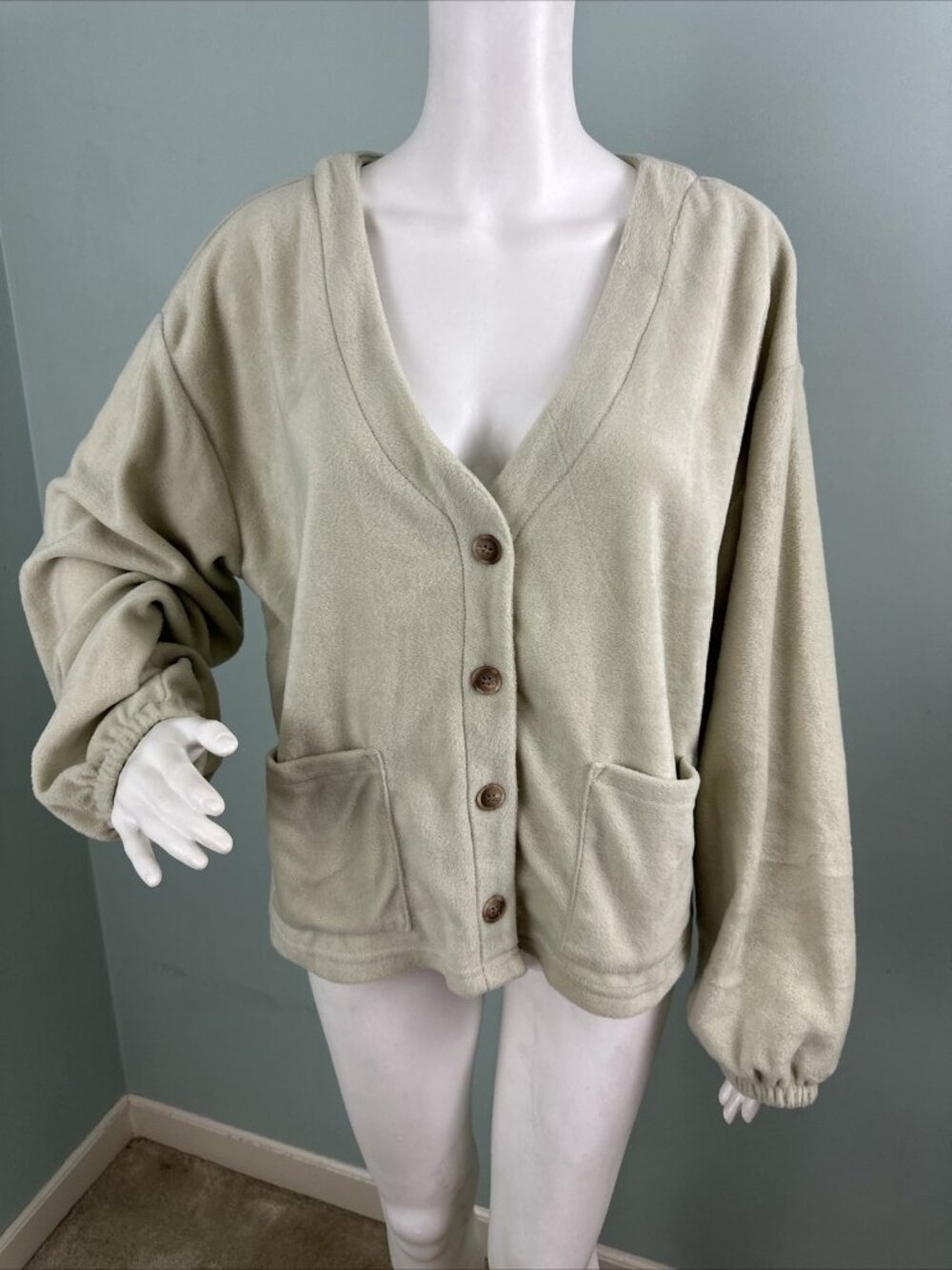 Women's C&C California L/S Beige Fleece Pocket Cardigan Sz XL NWT